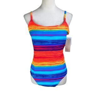 Vintage Beach Native NWT Mervyn's California 90s Neon Stripe One Piece Swimsuit